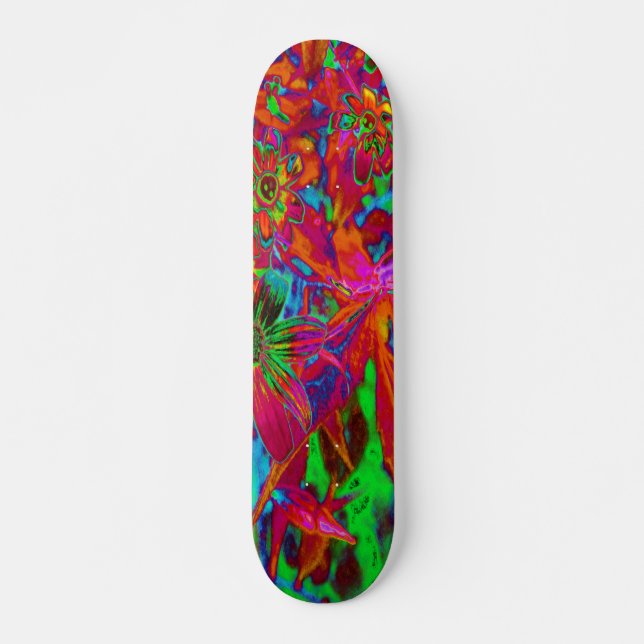 Psychedelische Groovy Rot und Grüne Wildblumen Skateboard (Vorne)