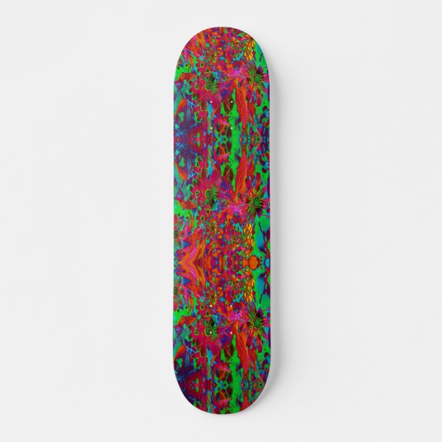 Psychedelische Groovy Rot und Grüne Wildblumen Skateboard (Vorne)