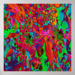 Psychedelische Groovy rote und grüne Wildblumen Poster