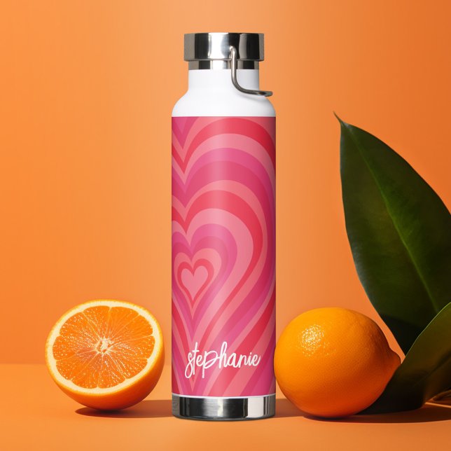 Psychedelische Herzkalligraphie Skriptnamen Pinks Trinkflasche (Personalized water bottle with custom text - hearts)