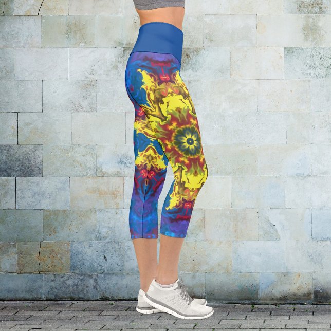 Psychedelische Hippie-Blume Gelb und Blau-Leggings Capri Leggings (Von Creator hochgeladen)