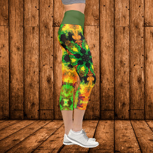 Psychedelische Hippie Blume Grün Orange und Gelb Capri Leggings