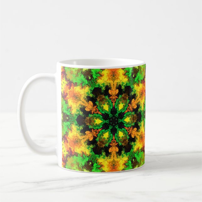 Psychedelische Hippie Blume Grün Orange und Gelb Kaffeetasse (Links)
