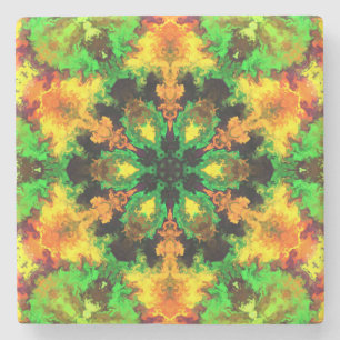 Psychedelische Hippie Blume Grün Orange und Gelb Steinuntersetzer