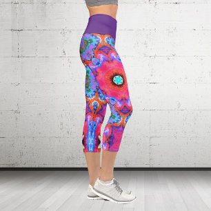 Psychedelische Hippie-Blume Rosa Blau und Orange L Capri Leggings