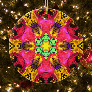 Psychedelische Hippie-Blume Rosa Gelb und Grün Keramik Ornament