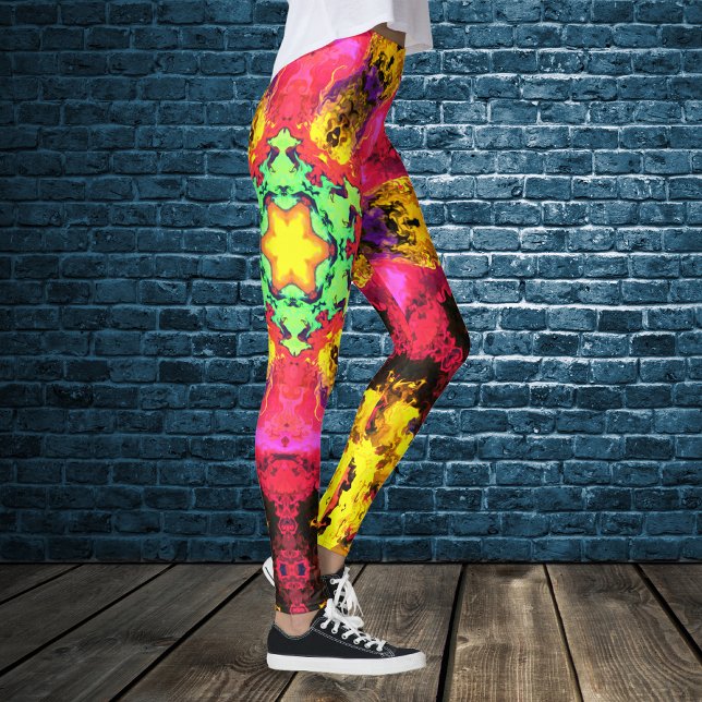 Psychedelische Hippie-Blume Rosa Gelb und Grün Leggings (Von Creator hochgeladen)