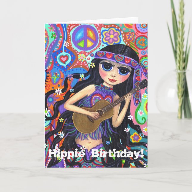 Psychedelische Hippie Mermaid Girl mit Gitarrenfri Karte (Vorderseite)