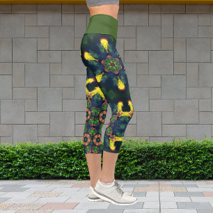 Psychedelische Hippie Yellow Green und Blue Leggin Capri Leggings