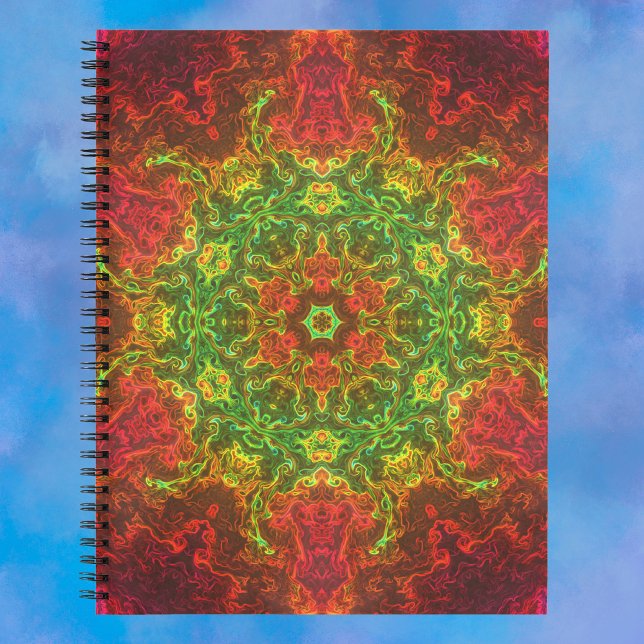 Psychedelische Kaleidoskop-Blume Grün und Rot Notizbuch (Von Creator hochgeladen)