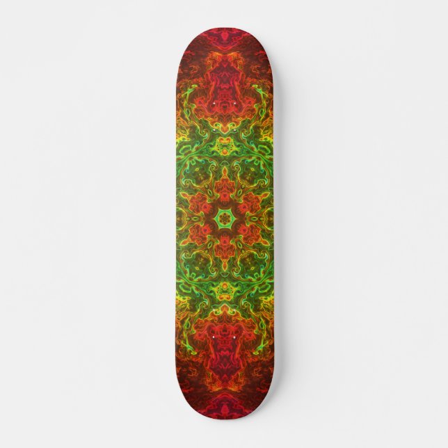 Psychedelische Kaleidoskop-Blume Grün und Rot Skateboard (Vorne)