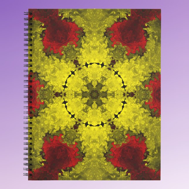 Psychedelische Kaleidoskop-Blume Rot und Gelb Notizbuch (Von Creator hochgeladen)