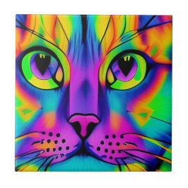 Psychedelische Katze bunt lila Fuschia grün Fliese