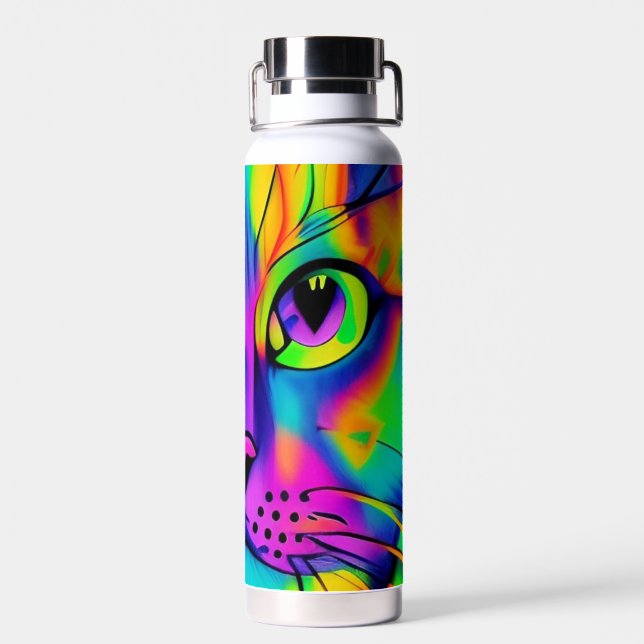 Psychedelische Katze bunt lila Fuschia grün Trinkflasche (Rückseite)