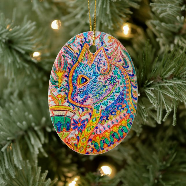 Psychedelische Katze, Louis Wain Keramik Ornament (Baum)