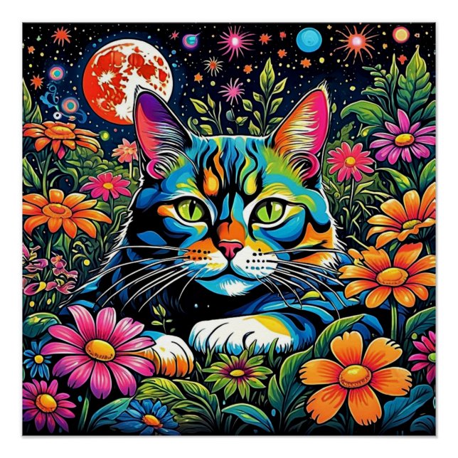 Psychedelische Katze unter Blume Poster (Vorderseite)