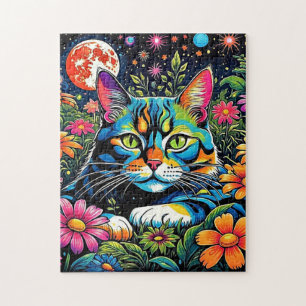 Psychedelische Katze unter Blume Puzzle