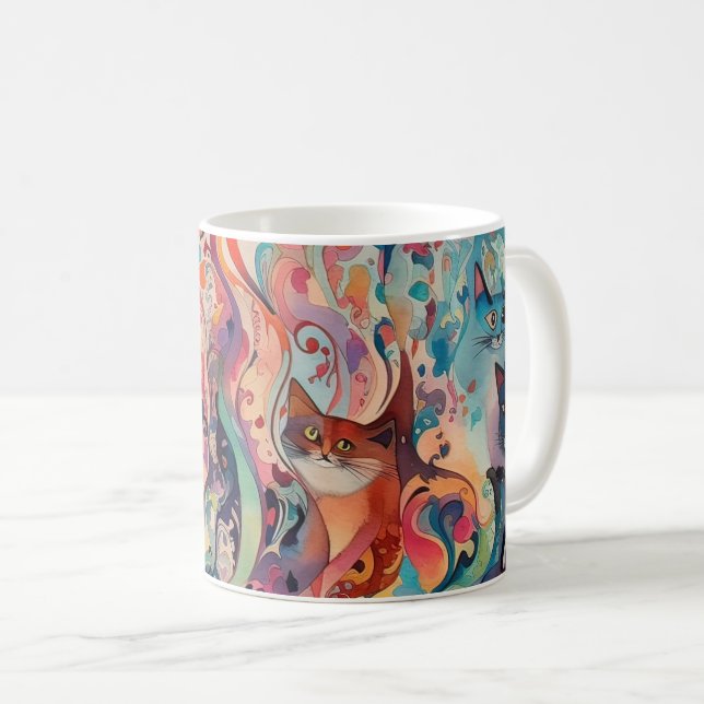 Psychedelische Katzen abstrakte Blume. Witzige Gra Kaffeetasse (VorderseiteRechts)