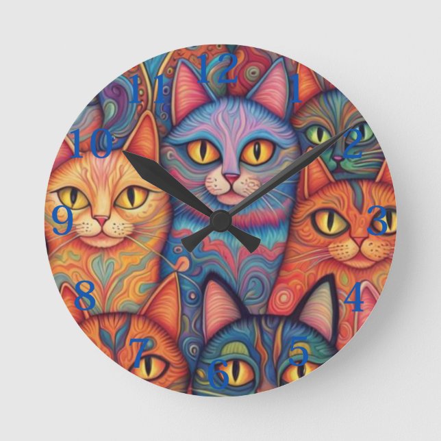 Psychedelische Katzen. Hippy, Bohemisch, BoHo Runde Wanduhr (Vorderseite)