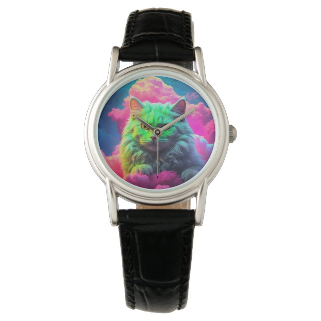 Psychedelische Katzenuhr Armbanduhr (Vorderseite)