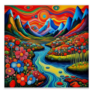 Psychedelische Landschaft mit Fluss 1 Poster
