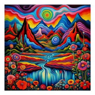 Psychedelische Landschaft mit Fluss 4 Poster
