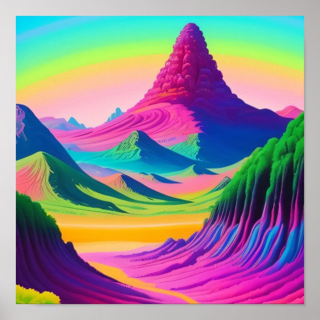 Psychedelische Landschaft Rosa Grüne Bergkunst Poster (Vorne)