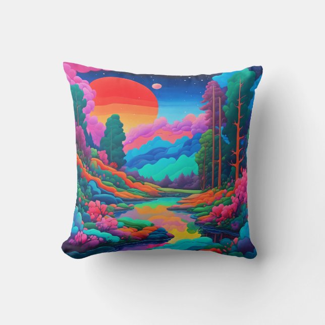 Psychedelische Landschaft rosa grüne Kunst Kissen (Vorderseite)