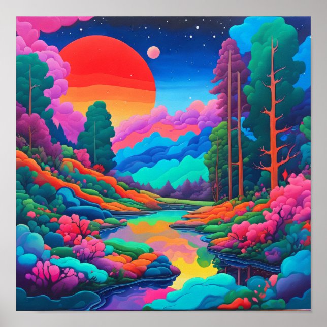 Psychedelische Landschaft rosa grüne Kunst Poster (Vorne)