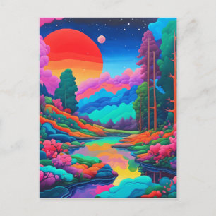 Psychedelische Landschaft rosa grüne Kunst Postkarte