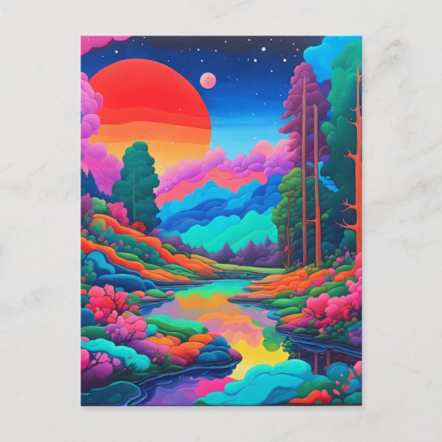 Psychedelische Landschaft rosa grüne Kunst Postkarte (Vorderseite)