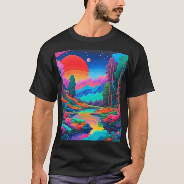 Psychedelische Landschaft rosa grüne Kunst T-Shirt (Vorderseite)