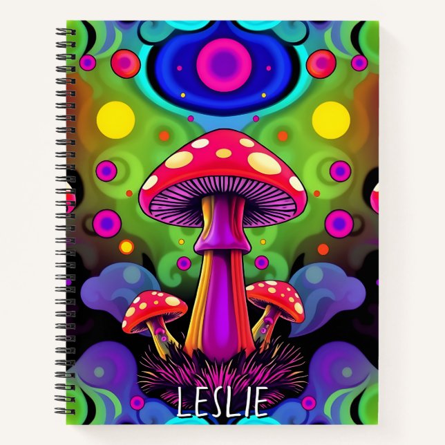 Psychedelische lebendige farbenfrohe Retro-Pilze Notizbuch (Vorderseite)