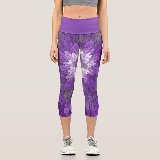 Psychedelische Lila Blume Abstraktes Fraktal Kunst Capri Leggings (Vorderseite)