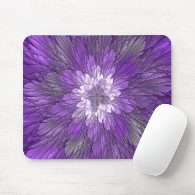 Psychedelische Lila Blume Abstraktes Fraktal Kunst Mousepad (Mit Mouse)