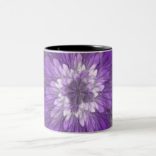 Psychedelische Lila Blume Abstraktes Fraktal Kunst Zweifarbige Tasse (Mittel)