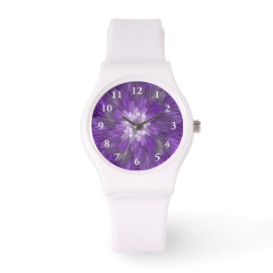 Psychedelische lila Blumen-Abstract-Fraktal-Kunst Armbanduhr