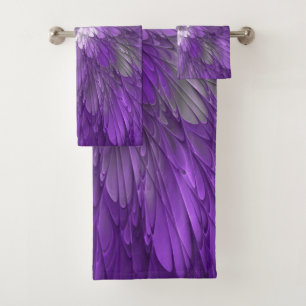 Psychedelische lila Blumen-Abstract-Fraktal-Kunst Badhandtuch Set
