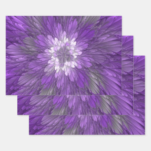 Psychedelische lila Blumen-Abstract-Fraktal-Kunst Geschenkpapier Set