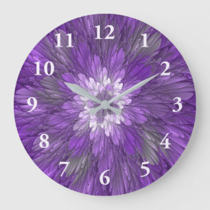 Psychedelische lila Blumen-Abstract-Fraktal-Kunst Große Wanduhr