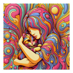 Psychedelische Mädchen und Katze Poster