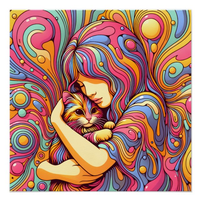 Psychedelische Mädchen und Katze Poster (Vorderseite)