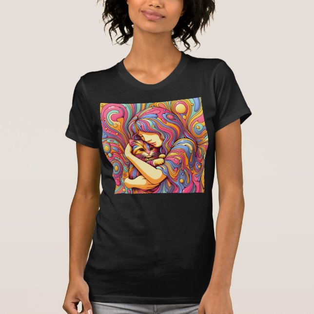 Psychedelische Mädchen und Katze T-Shirt (Vorderseite)