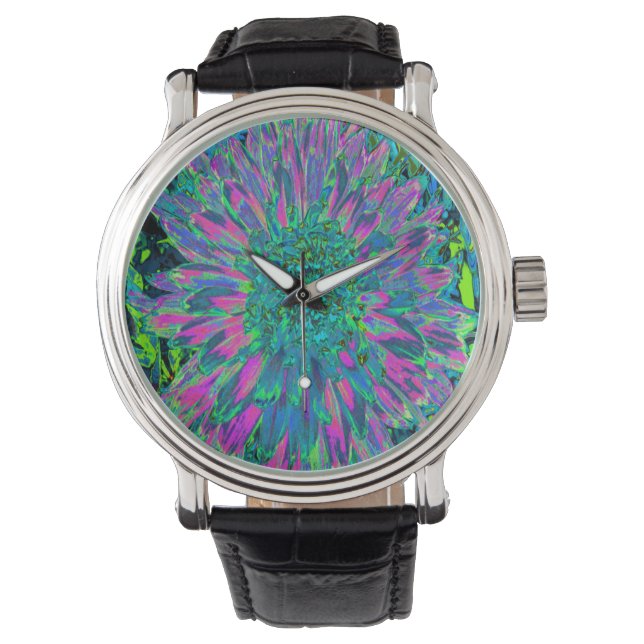 Psychedelische Magenta, Aqua und Limettengrüne Dah Armbanduhr (Vorderseite)