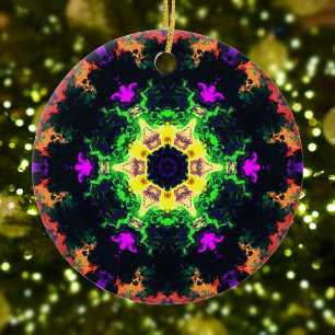 Psychedelische Mandala Blume Grün Lila und Gelb Keramik Ornament