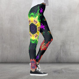 Psychedelische Mandala Blume Grün Lila und Gelb Leggings