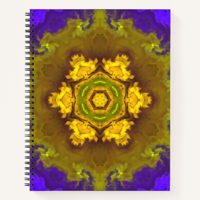 Psychedelische Mandala-Blume Lila und gelb Notizbuch (Vorderseite)