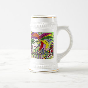 Psychedelische Mardi Gras Feder Masken Bierkrug Bierglas