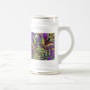 Psychedelische Mardi Gras Feder Masken Bierkrug Bierglas