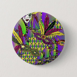 Psychedelische Mardi-Gras-Federmasken Button